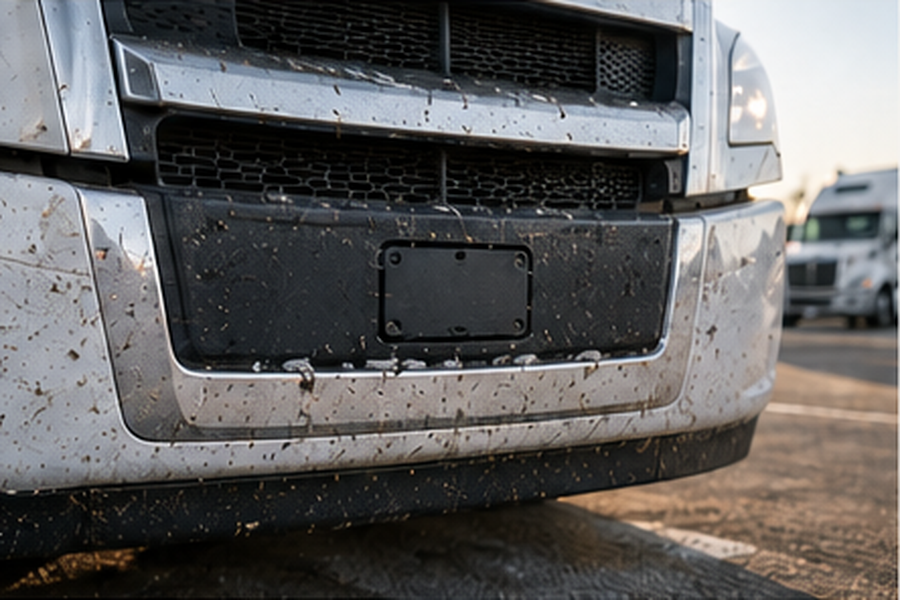 Muddy, unmonitored OEM safety sensor on truck grille