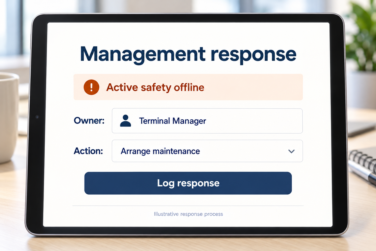 Illustrative management response showing an offline active safety system, a Terminal Manager owner, and an action to arrange maintenance